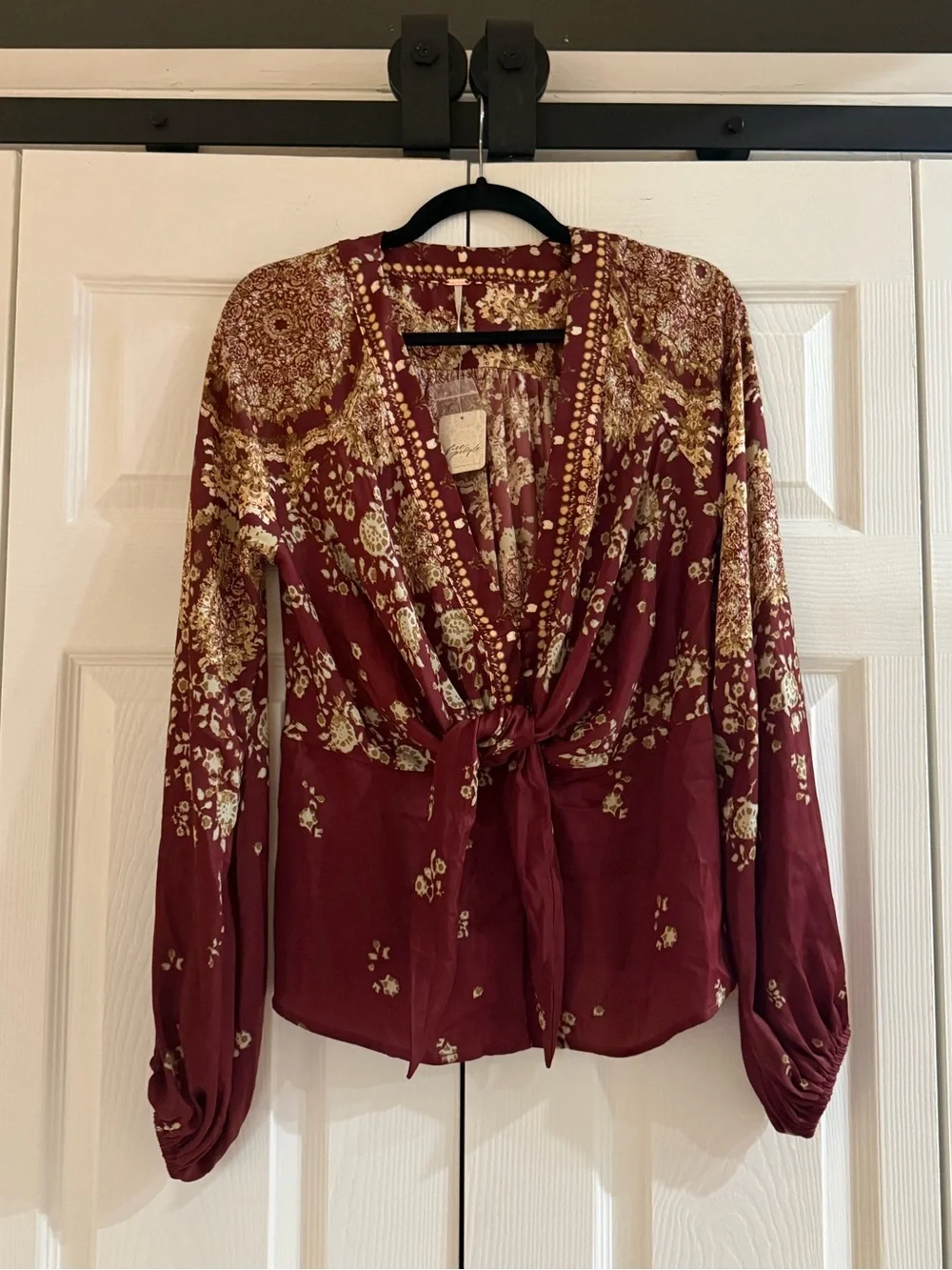Free People Run Free Tunic Chocolate Combo Boho Floral Tie Front Blouse NWT M
